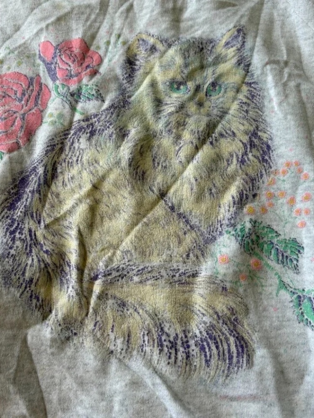 Vintage Cat Sweatshirt Gray Floral Kitten Graphic Grandmacore Cozy Y2K Coquette - Picture 3 of 9